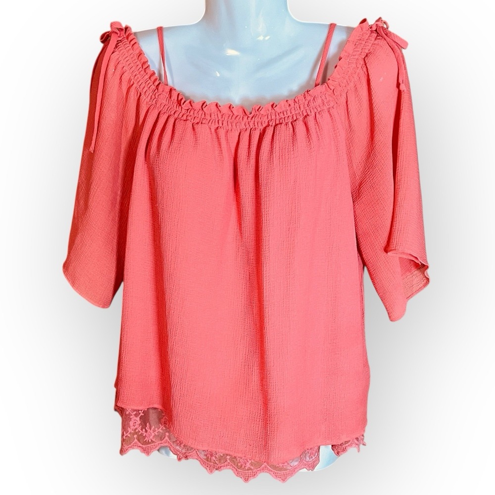 IZ Byer Sz L Coral Off Shoulder‎ Lace Trim Top Short Sleeves Gauzy Travel Beach